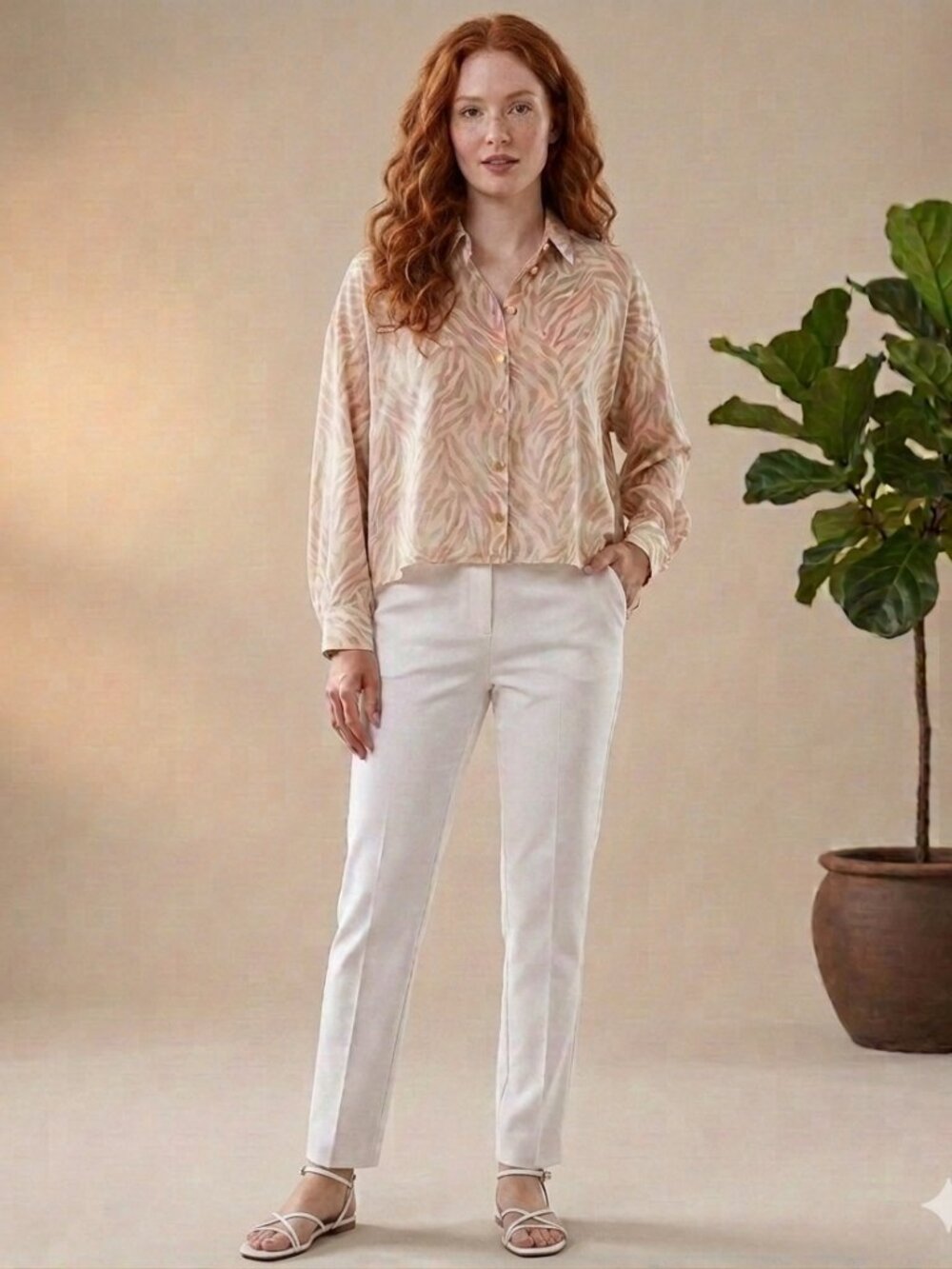 Modern Attraction Button Down Collared Zebra Print Blouse Sz S Gold White Stripe